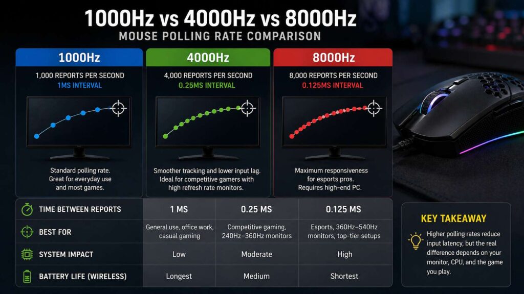 1000Hz vs 4000Hz vs 8000Hz polling rate mouse diagram