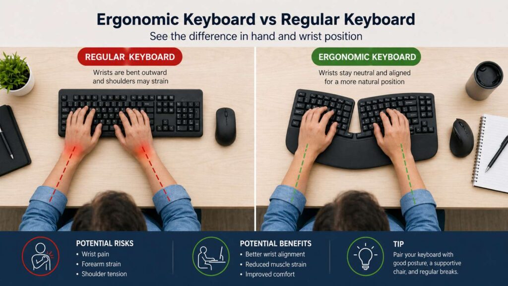 Ergonomic keyboard vs regular keyboard diagram