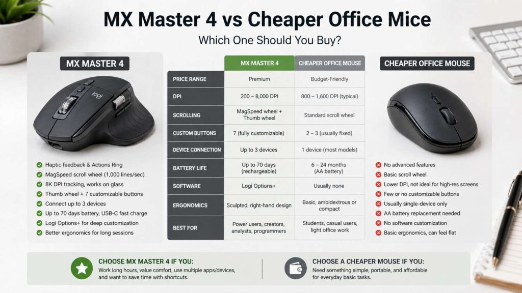 MX Master 4 vs cheap office mice diagram