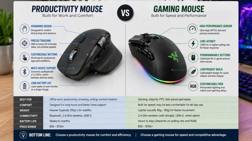 Productivity mouse vs gaming mouse diagram