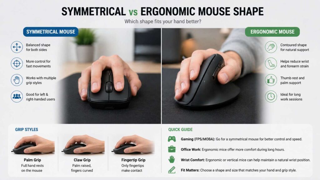 Symmetrical vs ergonomic mouse shape diagram
