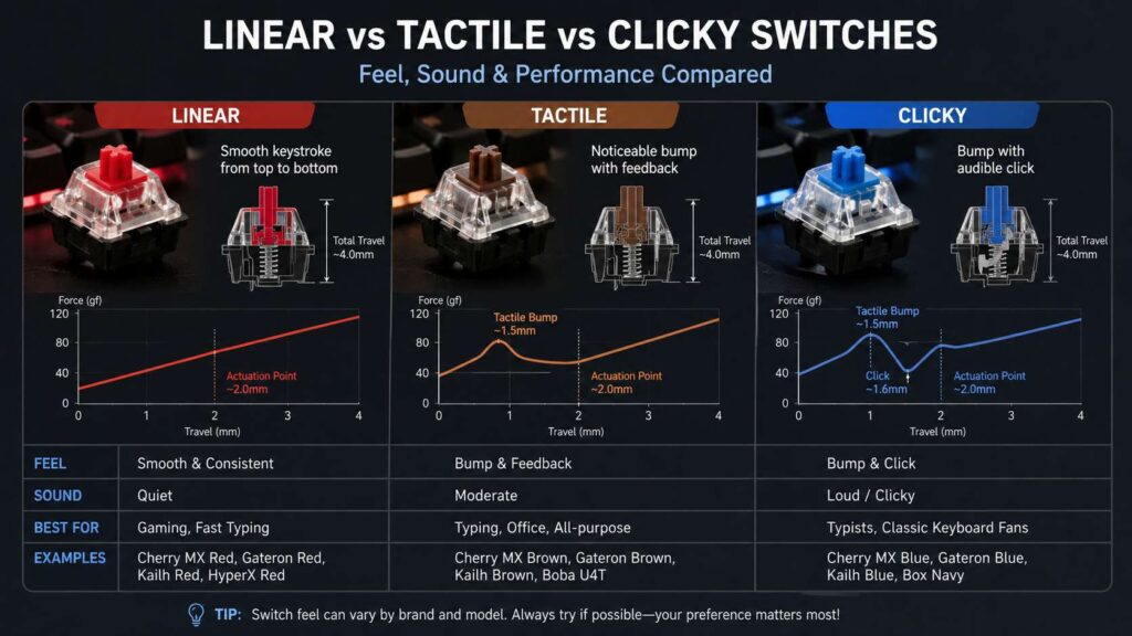 Tactile vs linear vs clicky switches diagram