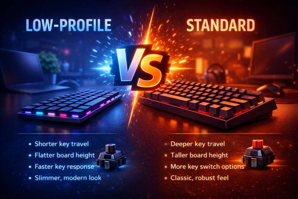 low-profile vs standard mechanical keyboard diagram