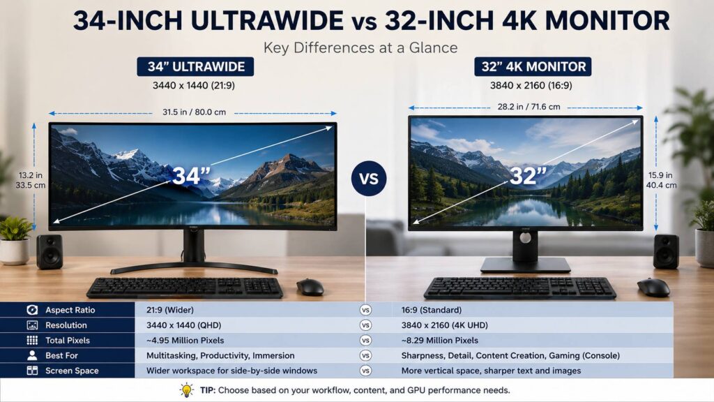 34-inch ultrawide vs 32-inch 4K monitor diagram