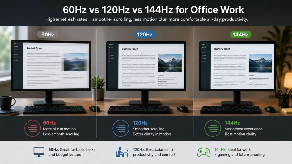 60Hz vs 120Hz vs 144Hz for office work diagram