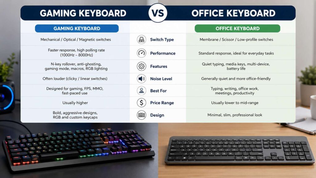 Gaming keyboard vs office keyboard diagram