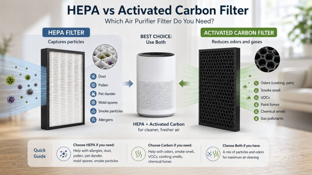 HEPA vs activated carbon filter diagram