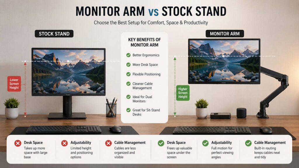 Monitor arm vs stock stand diagram
