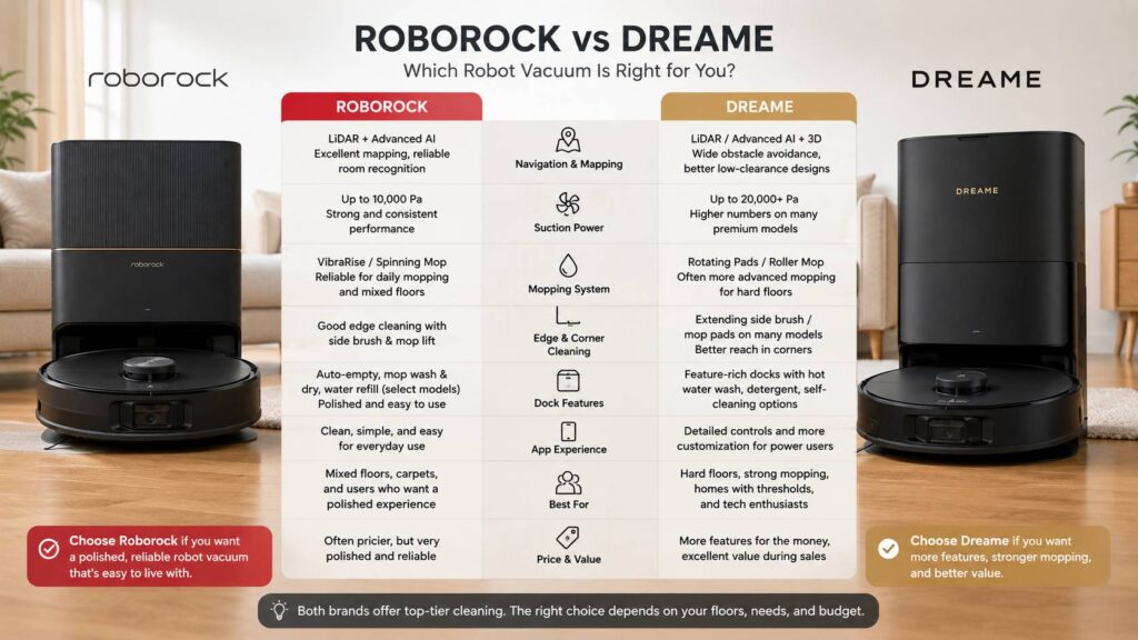 Roborock vs Dreame robot vacuums diagram