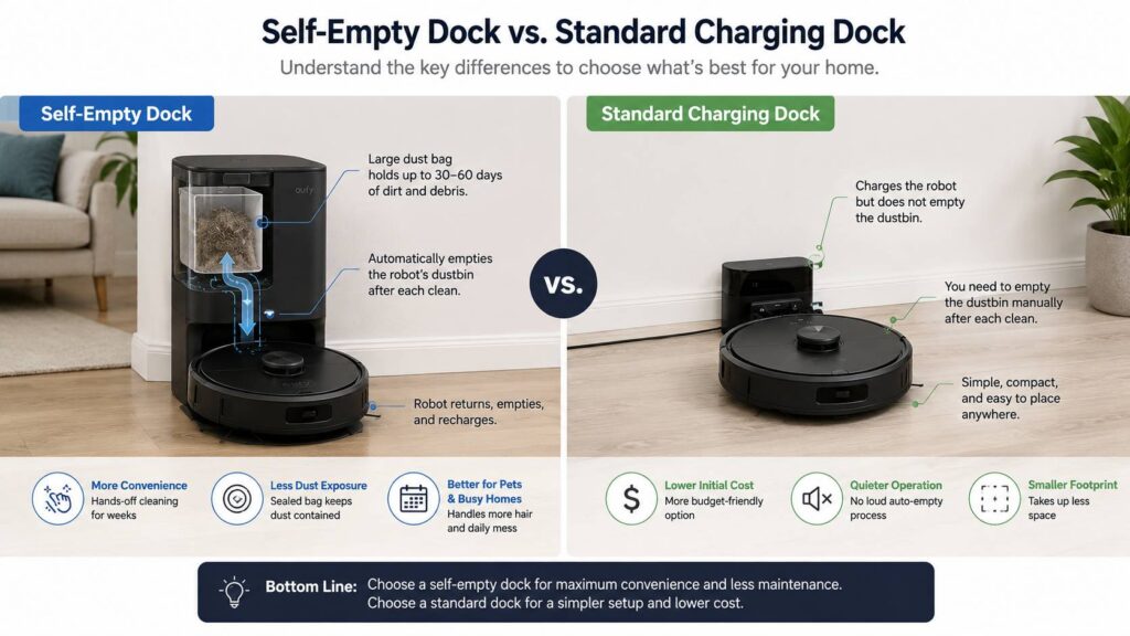 Self-empty robot vacuum vs standard charging dock diagram