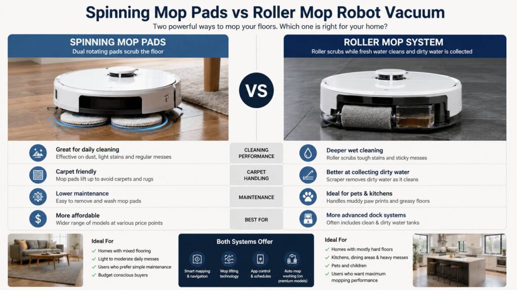 Spinning mop pads vs roller mop robot vacuum diagram