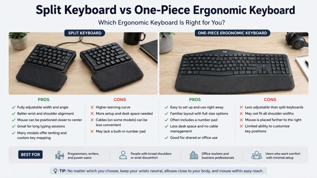 Split keyboard vs one-piece ergonomic keyboard diagram