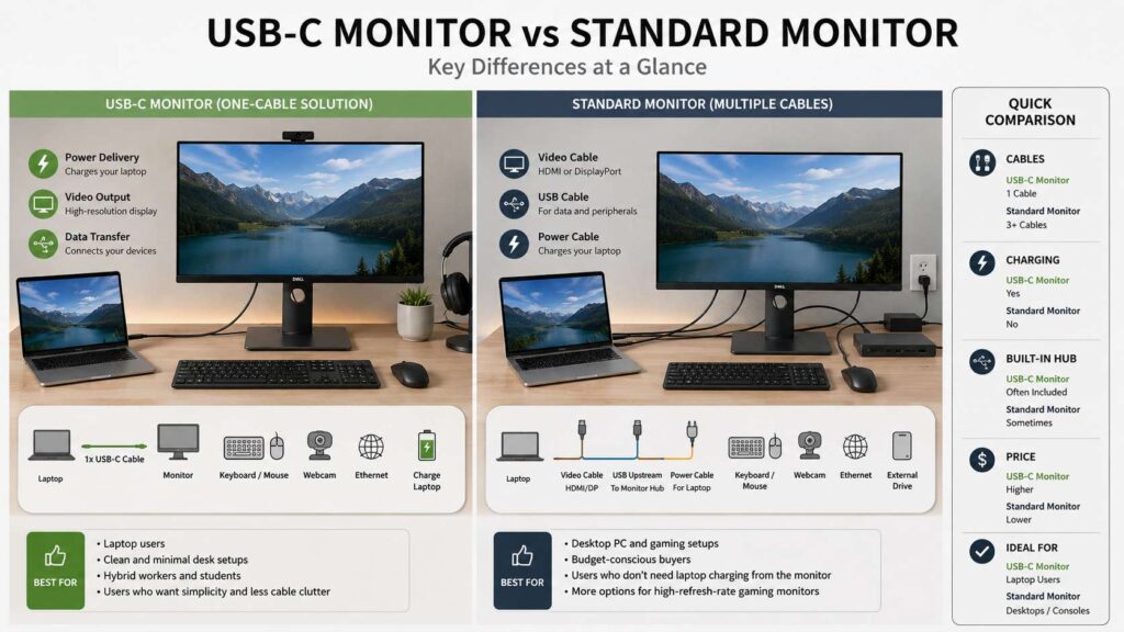 USB-C monitor vs standard monitor diagram