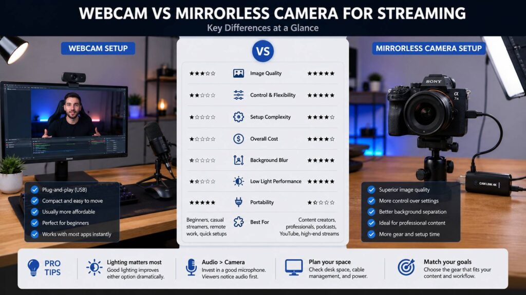 Webcam vs mirrorless camera for streaming diagram