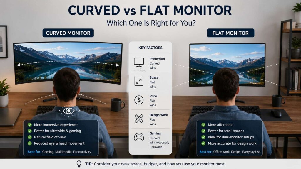 curved monitor vs flat monitor diagram