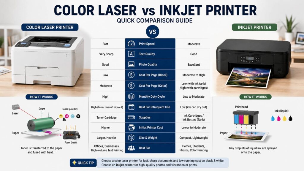 Color laser vs inkjet printer diagram