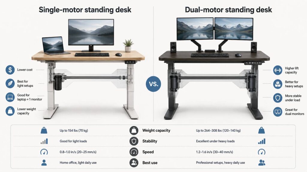Dual-motor vs single-motor standing desk diagram