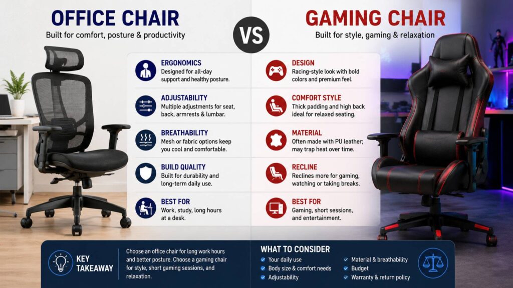 Office chair vs gaming chair diagram