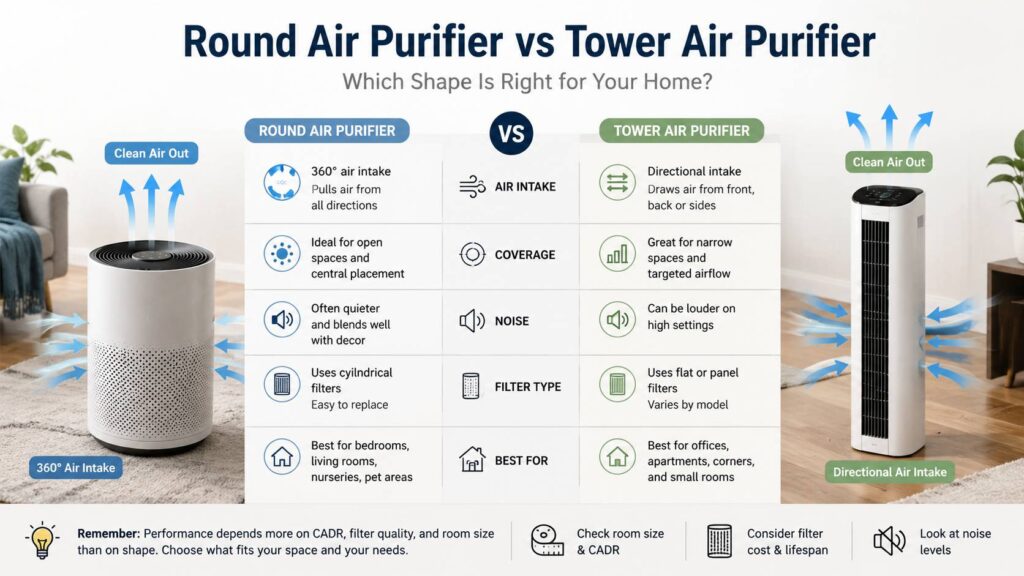 Round air purifier vs tower air purifier diagram