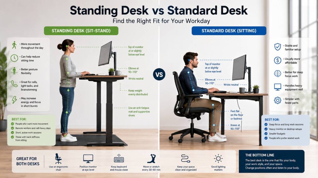 Standing desk vs standard desk diagram