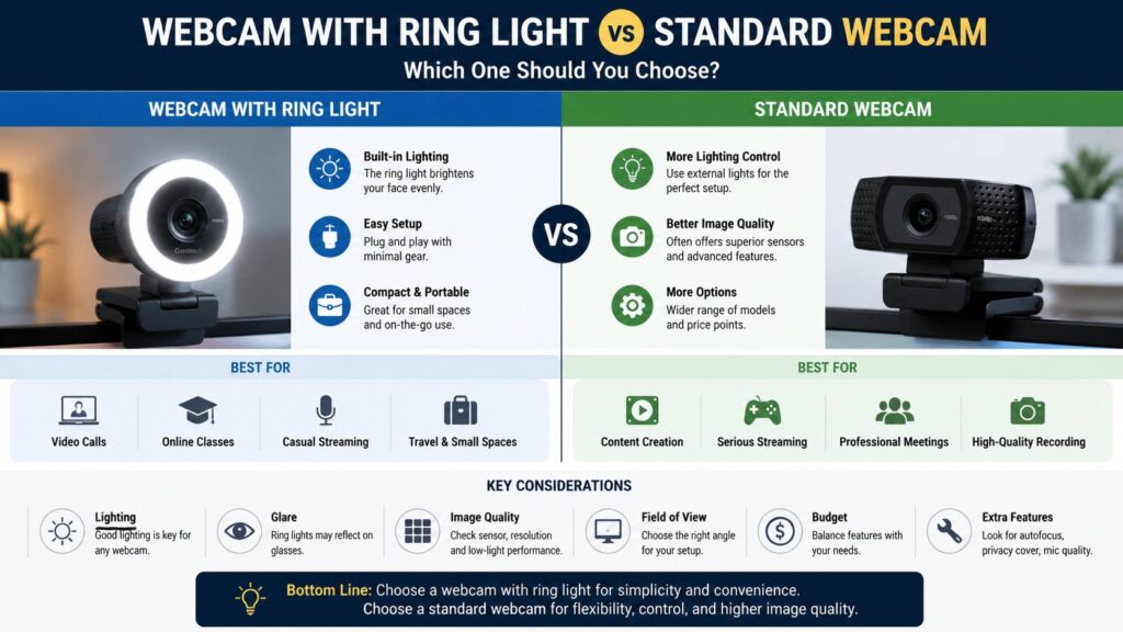 Webcam with ring light vs standard webcam diagram