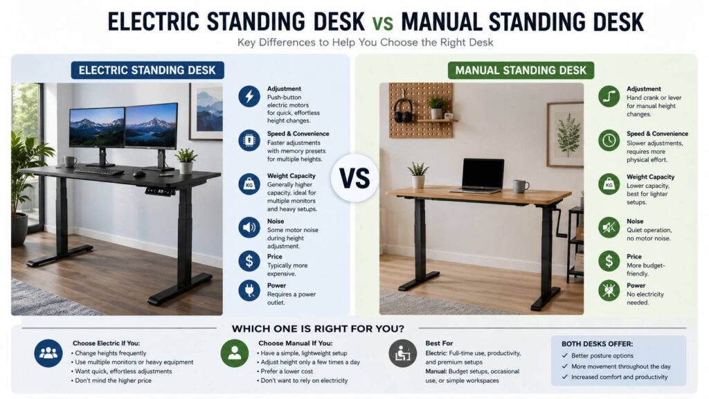 electric standing desk vs manual standing desk diagram