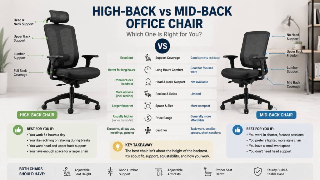 High-back vs mid-back office chair diagram