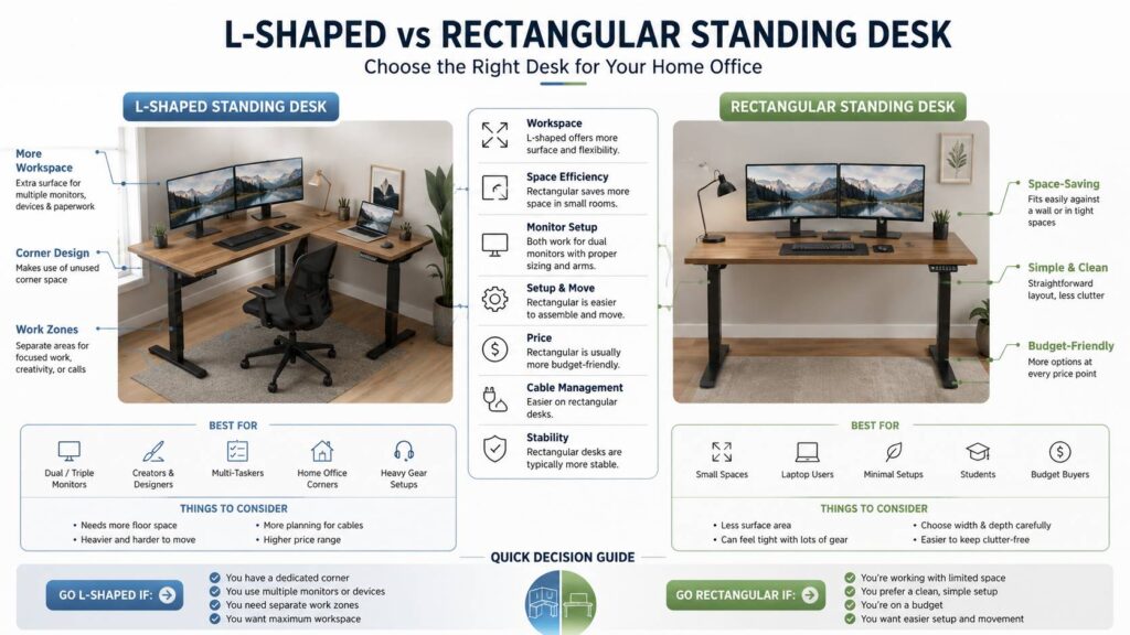 L-shaped vs rectangular standing desk diagram