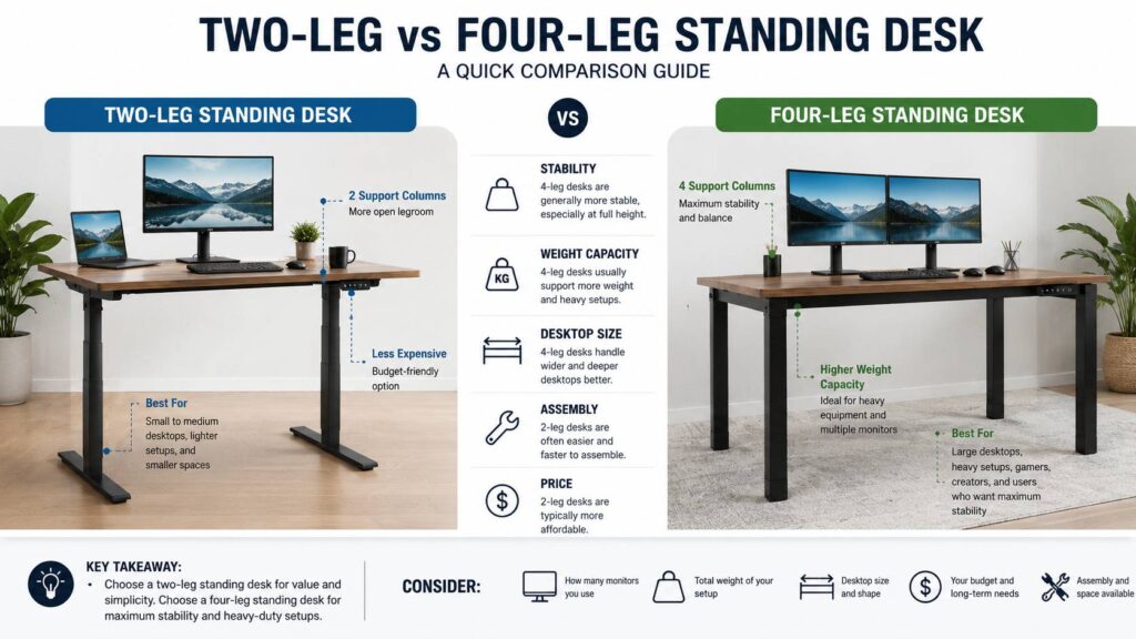 Two-leg vs four-leg standing desk diagram