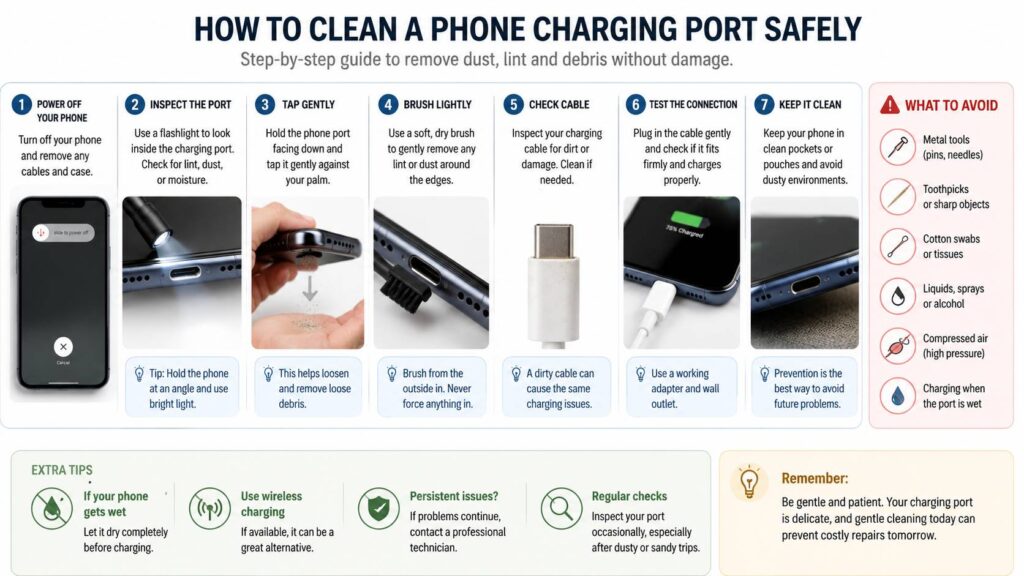 clean phone charging port safely diagram