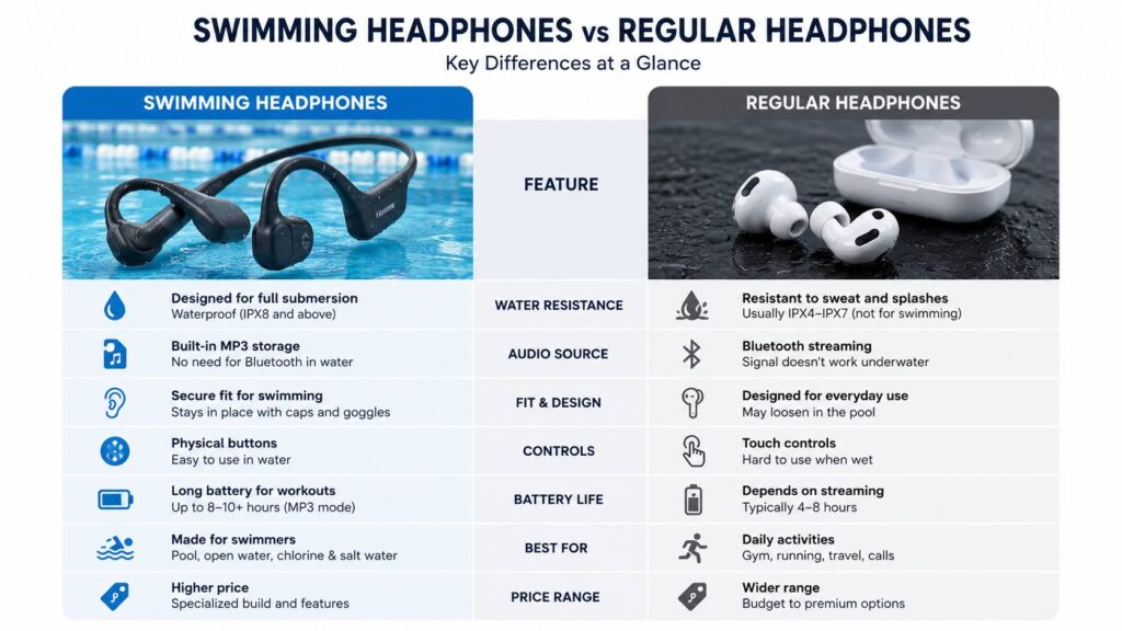 swimming headphones vs regular headphones diagram