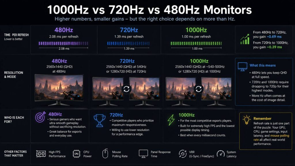 1000Hz vs 720Hz vs 480Hz monitors diagram