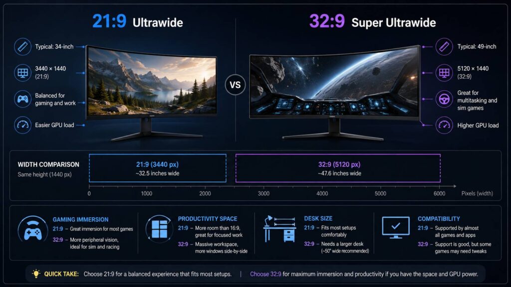 21:9 vs 32:9 ultrawide monitor diagram