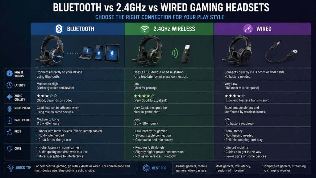 Bluetooth vs 2.4GHz vs wired gaming headsets diagram