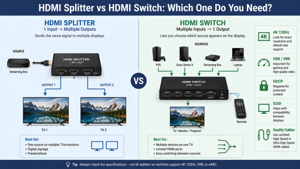HDMI splitter vs HDMI switch diagram
