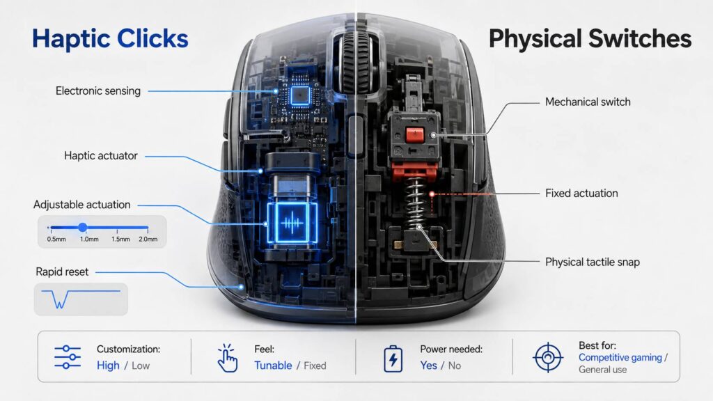 Haptic mouse clicks vs physical switches diagram