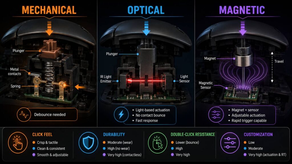 Mechanical vs optical vs magnetic mouse switches diagram
