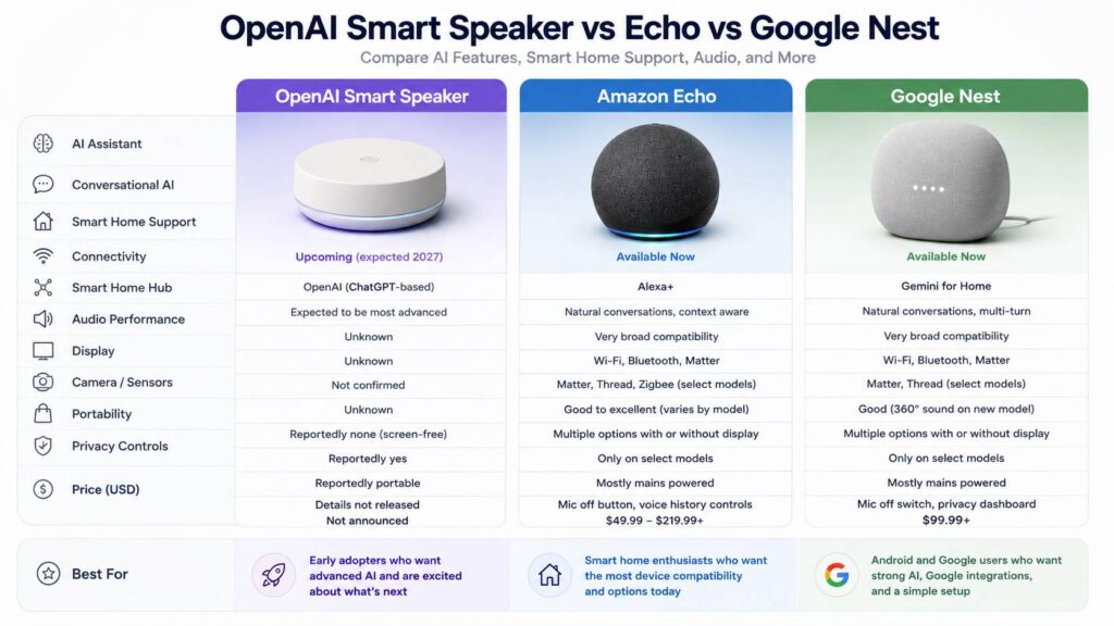 OpenAI Smart Speaker vs Echo vs Google Nest diagram