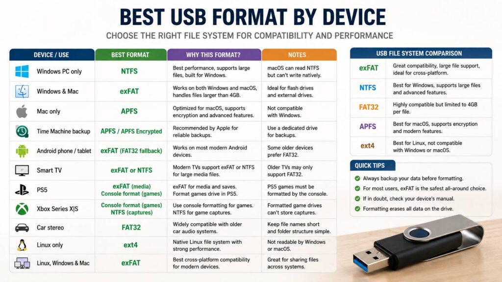 best USB format by device diagram