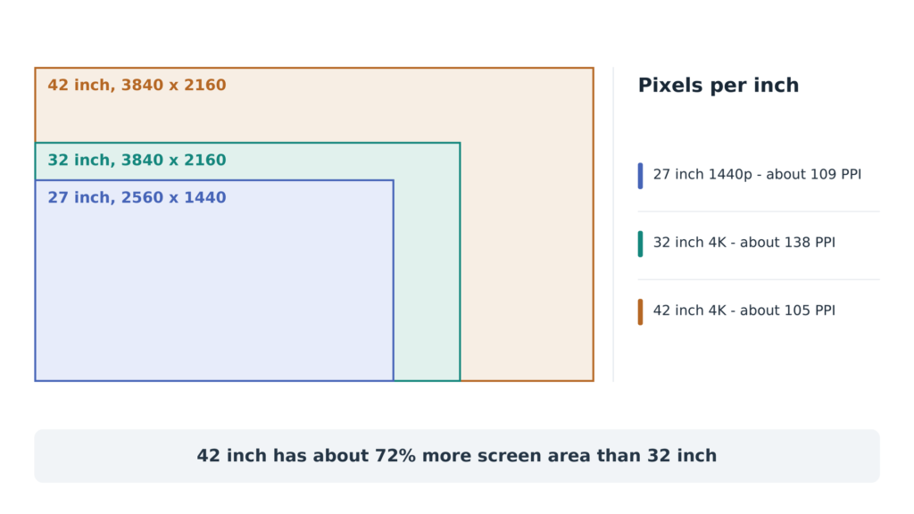 Screen area and pixel density compared across 27-inch 1440p, 32-inch 4K and 42-inch 4K monitors