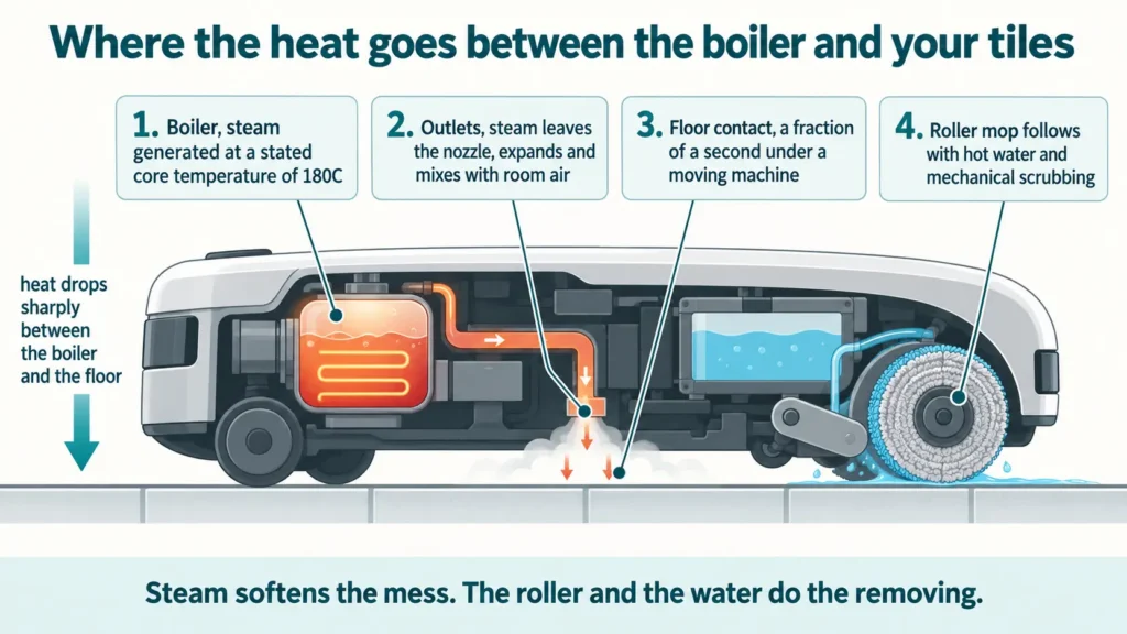 Cutaway diagram showing steam cooling between a robot vacuum boiler and the floor surface