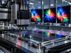IJP OLED on a Desk Next to QD-OLED and WOLED Monitors