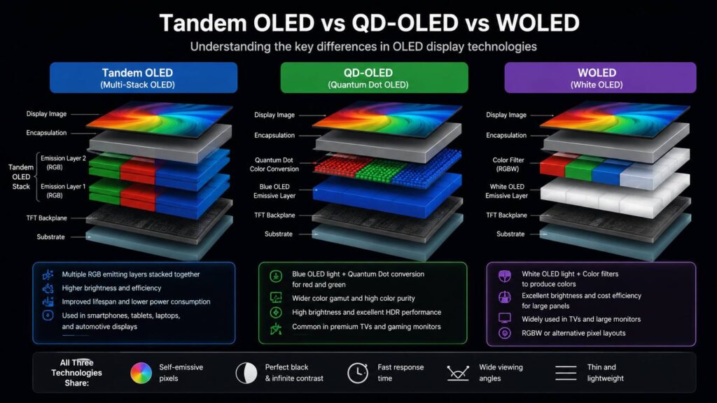 Tandem OLED vs QD-OLED vs WOLED diagram