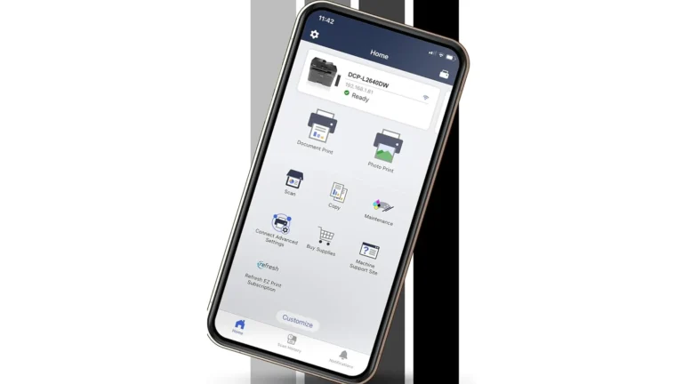 Brother Mobile Connect app home screen on a phone, listing the DCP-L2640DW as Ready with Document Print, Photo Print, Scan, Copy, Maintenance and Buy Supplies tiles