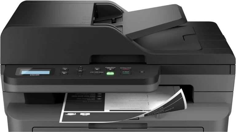 Upper half of the Brother DCP-L2640DW showing the document feeder tray and lid, the two-line display, the control buttons with a green Wi-Fi light and a printed page in the output slot