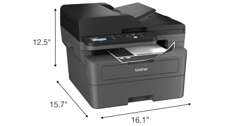 Brother DCP-L2640DW drawn with dimension arrows marking 12.5 inches high, 15.7 inches deep and 16.1 inches wide