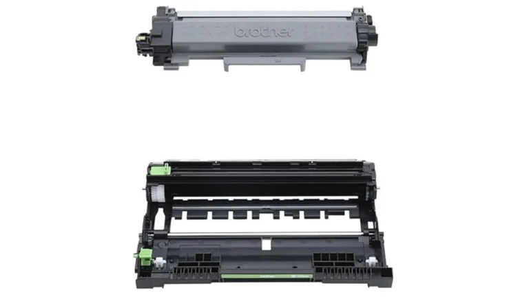 Brother toner cartridge in grey above a black DR830-type drum unit with green release tabs, the two consumables supplied with the DCP-L2640DW