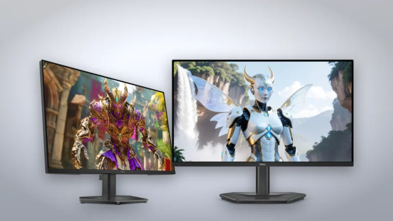 Dell SE2726HG next to the Dell SE2426HGS on a studio backdrop