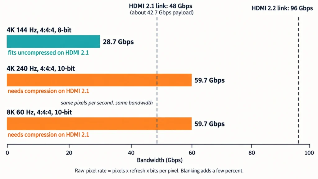 Bandwidth comparison showing 4K 144Hz, 4K 240Hz and 8K 60Hz video rates against the 48 Gbps HDMI 2.1 and 96 Gbps HDMI 2.2 ceilings