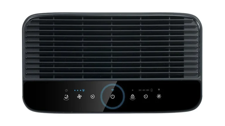Top of the Levoit Vital 100S-P, showing the black outlet grille and the touch panel with sleep, fan, auto, power, lock, timer and display icons